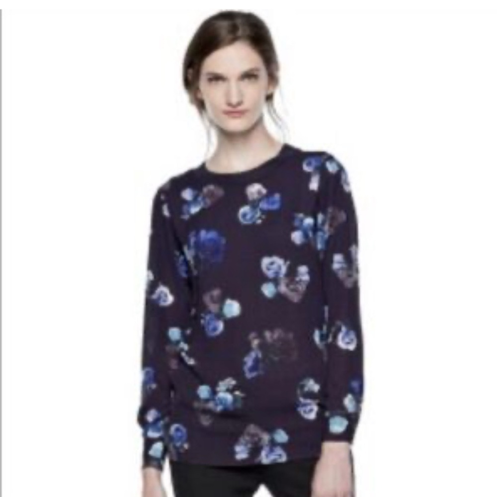 🆕 Thakoon by Design Nation, Floral Crew Neck Blouse, Black/Blue, Size XL
